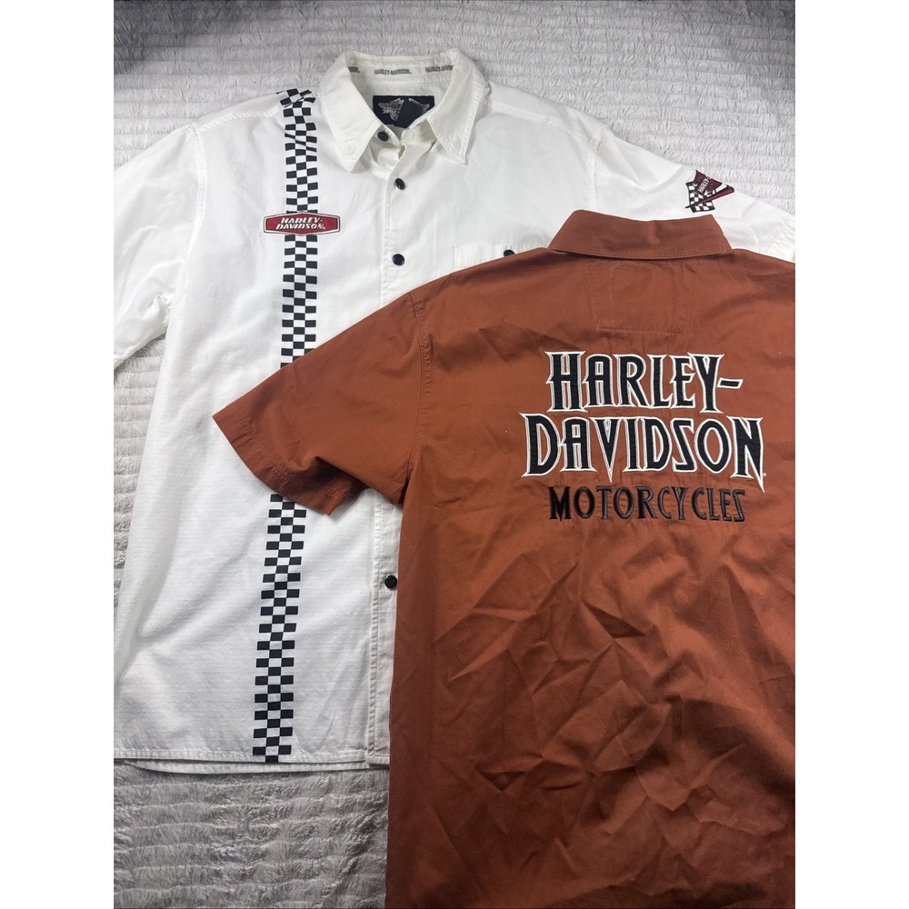 Harley-Davidson Lot Of 2 Shirts Medium White & Orange Button Up VTG Bundle NICE